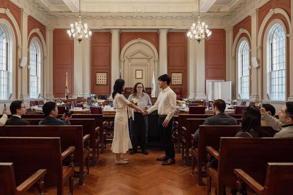 G. & A.'s city hall wedding at Newton City Hall, photograph 1 of 17